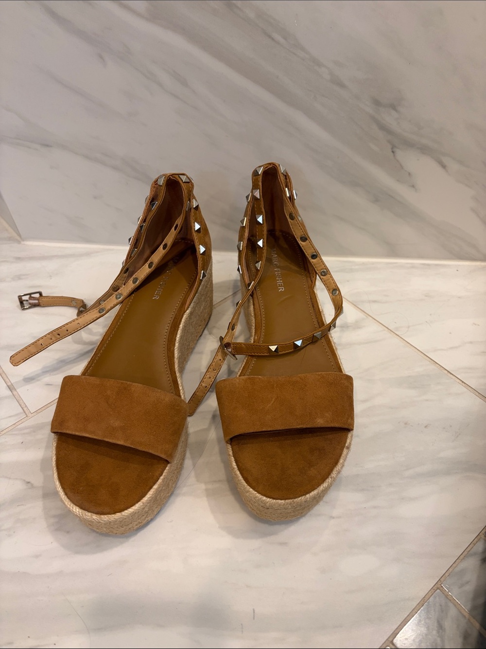 Marc Fisher Tan Suede Studded Espadrille Wedge Sandals